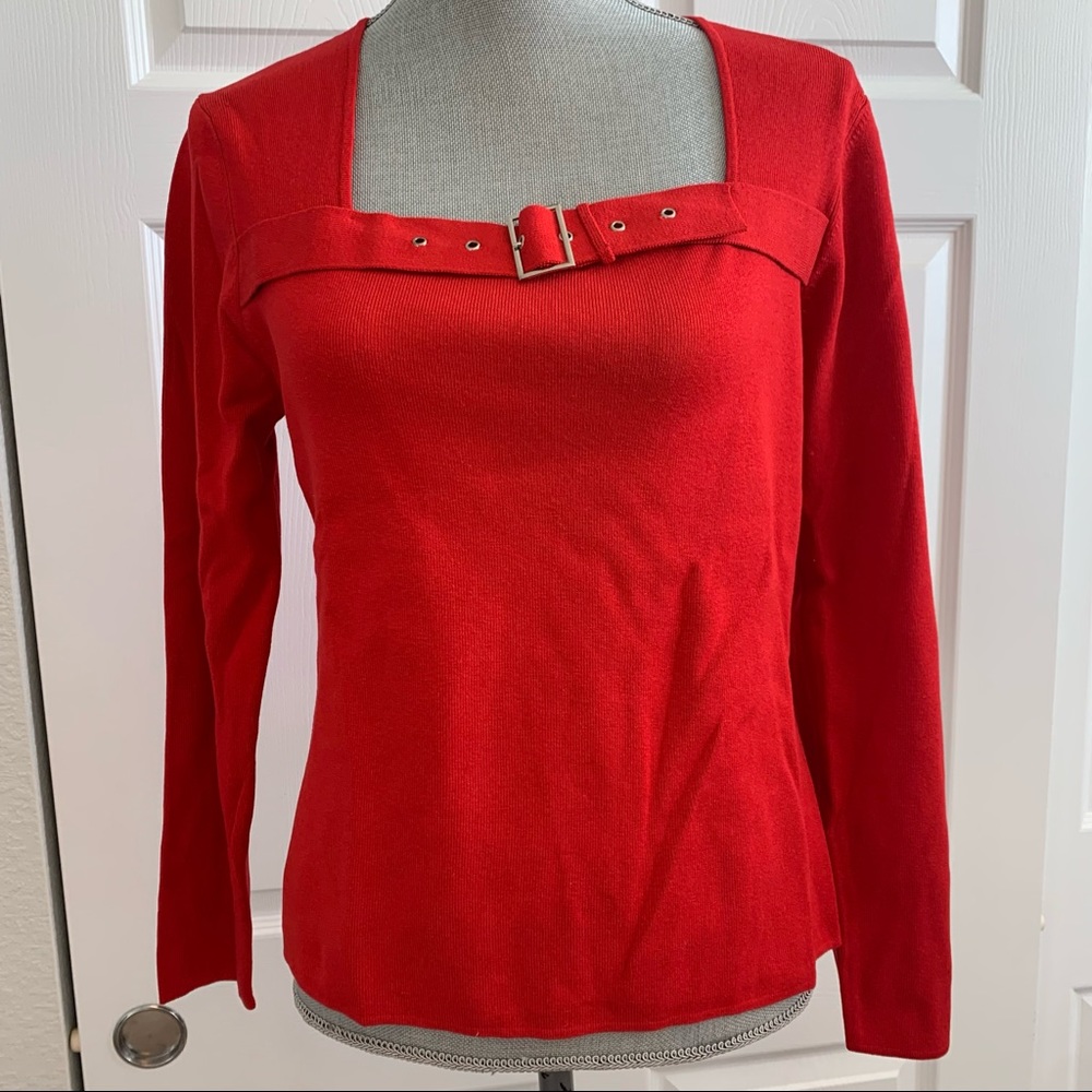 SPENSER JEREMY red thin knit sweater size L with front buckle square neck detail